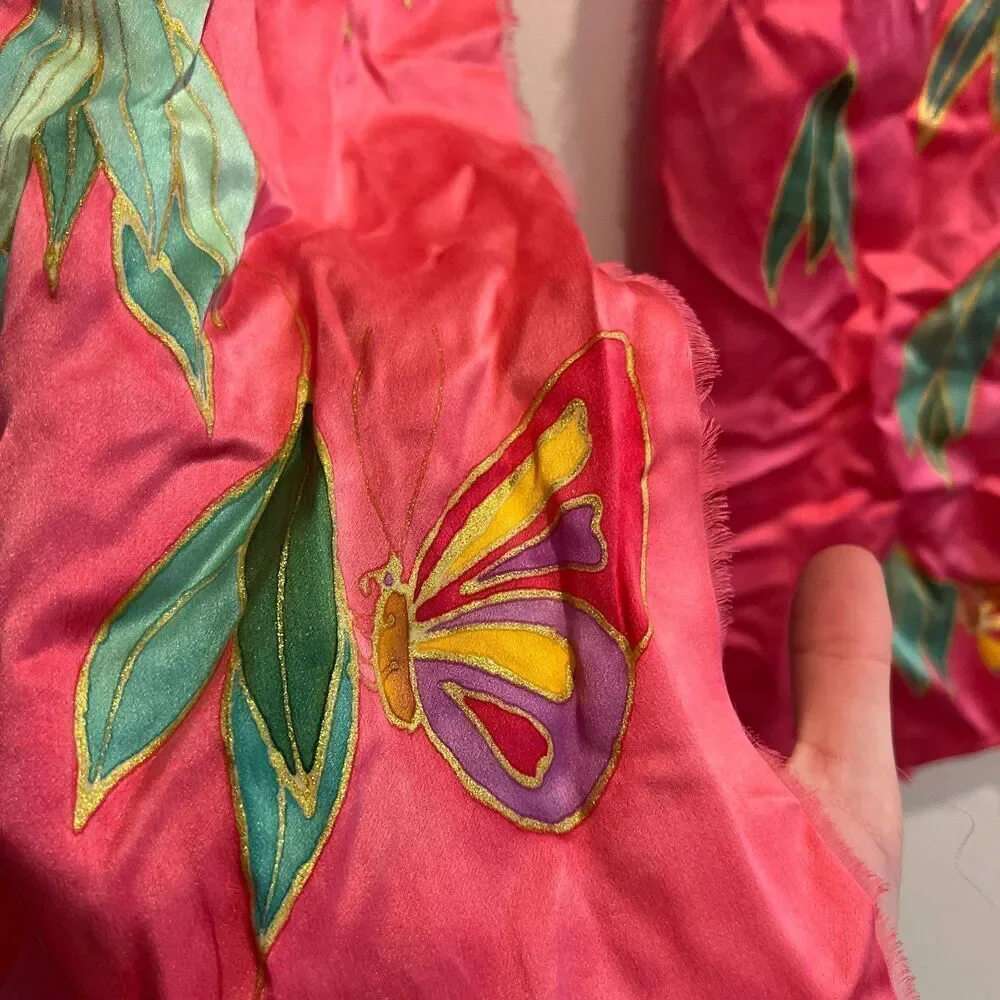 M.S. Compere Womens Pink Rectangle Scarf Small Silk Floral Day Butterfly Center